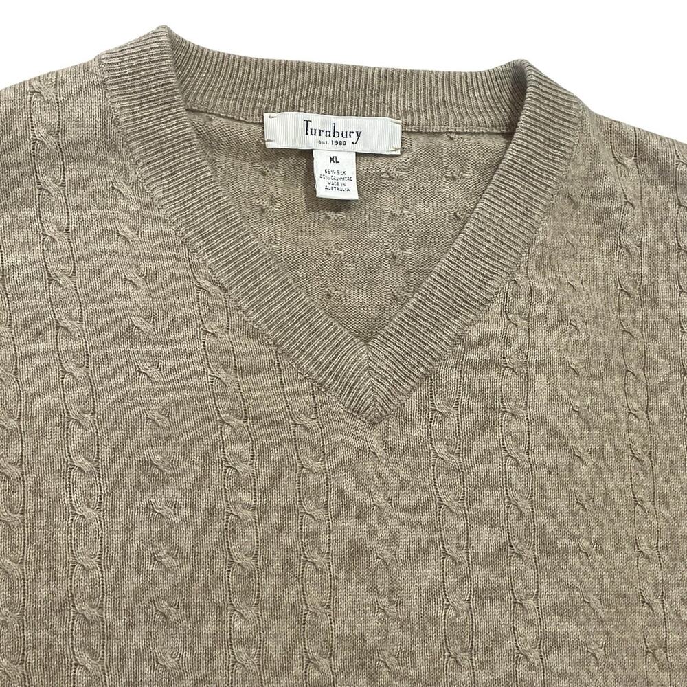 Turnbury Silk Cashmere Sweater Mens XL Beige Cable Knit V Neck Lightweight Soft